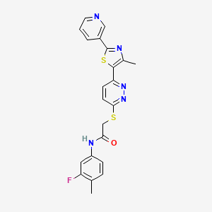 molecular formula C22H18FN5OS2 B2753644 N-(3-fluoro-4-methylphenyl)-2-((6-(4-methyl-2-(pyridin-3-yl)thiazol-5-yl)pyridazin-3-yl)thio)acetamide CAS No. 954663-29-7