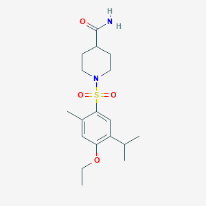 molecular formula C18H28N2O4S B275370 1-[(4-Ethoxy-5-isopropyl-2-methylphenyl)sulfonyl]-4-piperidinecarboxamide 