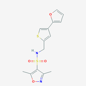 molecular formula C14H14N2O4S2 B2753756 N-[[4-(Furan-2-yl)thiophen-2-yl]methyl]-3,5-dimethyl-1,2-oxazole-4-sulfonamide CAS No. 2379994-70-2