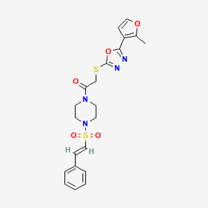 molecular formula C21H22N4O5S2 B2753783 2-[[5-(2-methylfuran-3-yl)-1,3,4-oxadiazol-2-yl]sulfanyl]-1-[4-[(E)-2-phenylethenyl]sulfonylpiperazin-1-yl]ethanone CAS No. 925410-66-8