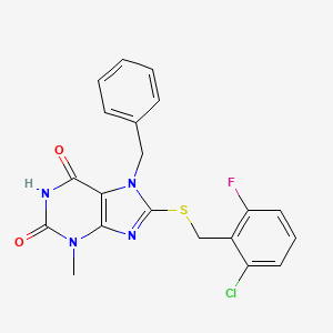 molecular formula C20H16ClFN4O2S B2753952 7-benzyl-8-((2-chloro-6-fluorobenzyl)thio)-3-methyl-1H-purine-2,6(3H,7H)-dione CAS No. 378204-58-1