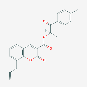 molecular formula C23H20O5 B2753977 1-酮-1-(对甲苯基)丙基-8-烯基-2-酮-2H-香豆素-3-甲酸酯 CAS No. 433691-48-6