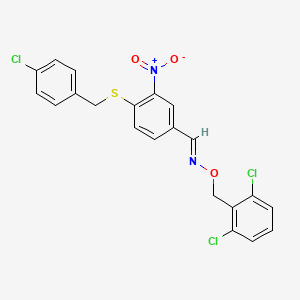 molecular formula C21H15Cl3N2O3S B2753987 4-[(4-chlorobenzyl)sulfanyl]-3-nitrobenzenecarbaldehyde O-(2,6-dichlorobenzyl)oxime CAS No. 303996-10-3