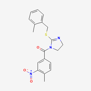 molecular formula C19H19N3O3S B2753989 (4-methyl-3-nitrophenyl)(2-((2-methylbenzyl)thio)-4,5-dihydro-1H-imidazol-1-yl)methanone CAS No. 851801-27-9