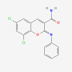 (2Z)-6,8-dichloro-2-(phenylimino)-2H-chromene-3-carboxamide