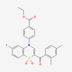 molecular formula C26H22FNO5S B2754150 ethyl 4-[2-(2,4-dimethylbenzoyl)-6-fluoro-1,1-dioxido-4H-1,4-benzothiazin-4-yl]benzoate CAS No. 1114651-67-0