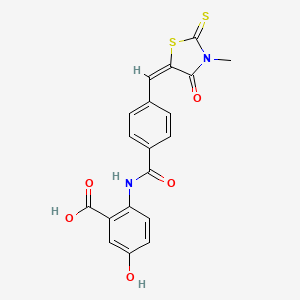 molecular formula C19H14N2O5S2 B2754169 (E)-5-hydroxy-2-(4-((3-methyl-4-oxo-2-thioxothiazolidin-5-ylidene)methyl)benzamido)benzoic acid CAS No. 854002-31-6