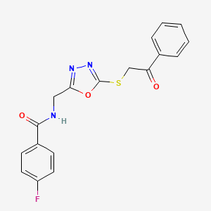 molecular formula C18H14FN3O3S B2754199 4-氟-N-[(5-苯乙酰硫基-1,3,4-噁二唑-2-基)甲基]苯甲酰胺 CAS No. 872620-38-7