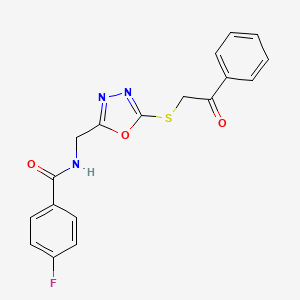 molecular formula C18H14FN3O3S B2754199 4-fluoro-N-({5-[(2-oxo-2-phenylethyl)sulfanyl]-1,3,4-oxadiazol-2-yl}methyl)benzamide CAS No. 872620-38-7