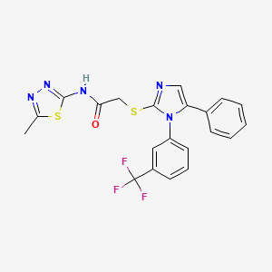 molecular formula C21H16F3N5OS2 B2754317 N-(5-甲基-1,3,4-噻二唑-2-基)-2-((5-苯基-1-(3-(三氟甲基)苯基)-1H-咪唑-2-基)硫)乙酰胺 CAS No. 1226455-98-6
