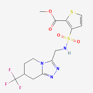 molecular formula C14H15F3N4O4S2 B2754408 甲基-3-(N-((7-(三氟甲基)-5,6,7,8-四氢-[1,2,4]三唑[4,3-a]吡啶-3-基)甲基)磺酰基)噻吩-2-甲酸酯 CAS No. 2034520-58-4
