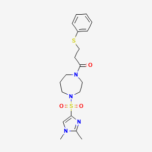 molecular formula C19H26N4O3S2 B2754424 1-(4-((1,2-二甲基-1H-咪唑-4-基)磺酰)-1,4-二氮杂环庚-1-基)-3-(苯基硫基)丙酮 CAS No. 1903471-59-9