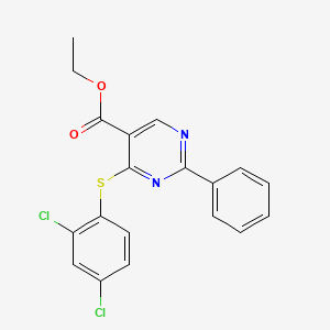 molecular formula C19H14Cl2N2O2S B2754471 Ethyl 4-[(2,4-dichlorophenyl)sulfanyl]-2-phenyl-5-pyrimidinecarboxylate CAS No. 477854-69-6
