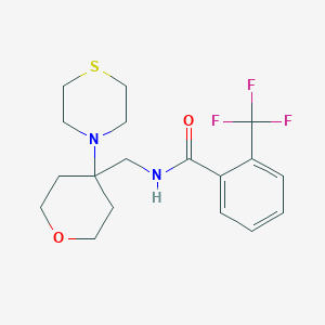 molecular formula C18H23F3N2O2S B2754575 N-[(4-Thiomorpholin-4-yloxan-4-yl)methyl]-2-(trifluoromethyl)benzamide CAS No. 2415561-76-9