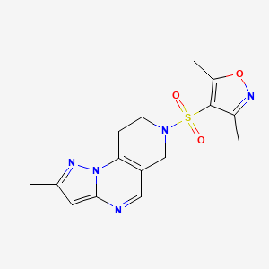 molecular formula C15H17N5O3S B2754591 3,5-dimethyl-4-((2-methyl-8,9-dihydropyrazolo[1,5-a]pyrido[3,4-e]pyrimidin-7(6H)-yl)sulfonyl)isoxazole CAS No. 1797368-07-0