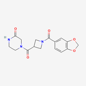 molecular formula C16H17N3O5 B2754665 4-(1-(Benzo[d][1,3]dioxole-5-carbonyl)azetidine-3-carbonyl)piperazin-2-one CAS No. 1396802-37-1