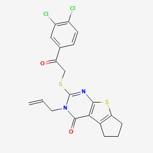 molecular formula C20H16Cl2N2O2S2 B2754681 10-{[2-(3,4-Dichlorophenyl)-2-oxoethyl]sulfanyl}-11-(prop-2-en-1-yl)-7-thia-9,11-diazatricyclo[6.4.0.0^{2,6}]dodeca-1(8),2(6),9-trien-12-one CAS No. 727688-91-7