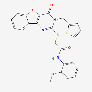 molecular formula C24H19N3O4S2 B2754694 N-(2-甲氧苯基)-2-((4-氧代-3-(噻吩-2-基甲基)-3,4-二氢苯并呋喃[3,2-d]嘧啶-2-基)硫)乙酰胺 CAS No. 899754-61-1
