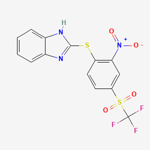 molecular formula C14H8F3N3O4S2 B2754740 2-[2-nitro-4-(trifluoromethylsulfonyl)phenyl]sulfanyl-1H-benzimidazole CAS No. 300696-27-9