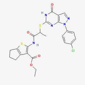 molecular formula C24H22ClN5O4S2 B2754830 ethyl 2-(2-((1-(4-chlorophenyl)-4-oxo-4,5-dihydro-1H-pyrazolo[3,4-d]pyrimidin-6-yl)thio)propanamido)-5,6-dihydro-4H-cyclopenta[b]thiophene-3-carboxylate CAS No. 851123-23-4