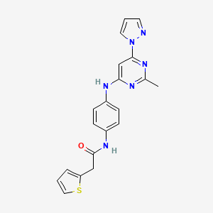 molecular formula C20H18N6OS B2754859 N-(4-((2-甲基-6-(1H-吡唑-1-基)嘧啶-4-基)氨基)苯基)-2-(噻吩-2-基)乙酸酰胺 CAS No. 1251633-13-2