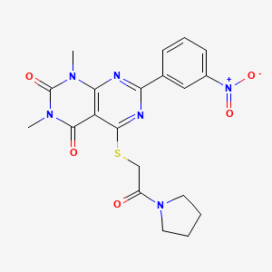 molecular formula C20H20N6O5S B2754865 1,3-dimethyl-7-(3-nitrophenyl)-5-((2-oxo-2-(pyrrolidin-1-yl)ethyl)thio)pyrimido[4,5-d]pyrimidine-2,4(1H,3H)-dione CAS No. 893926-29-9