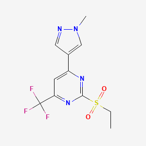 molecular formula C11H11F3N4O2S B2755005 2-(ethylsulfonyl)-4-(1-methyl-1H-pyrazol-4-yl)-6-(trifluoromethyl)pyrimidine CAS No. 1005678-64-7