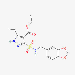 molecular formula C16H19N3O6S B2755007 ethyl 5-{[(1,3-benzodioxol-5-ylmethyl)amino]sulfonyl}-3-ethyl-1H-pyrazole-4-carboxylate CAS No. 1239484-53-7