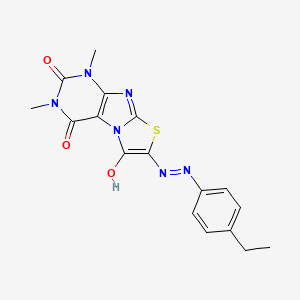 molecular formula C17H16N6O3S B2755043 (Z)-7-(2-(4-ethylphenyl)hydrazono)-1,3-dimethylthiazolo[2,3-f]purine-2,4,6(1H,3H,7H)-trione CAS No. 325996-03-0