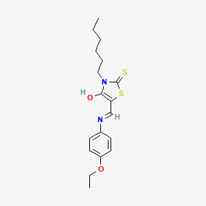 molecular formula C18H24N2O2S2 B2755053 (E)-5-(((4-ethoxyphenyl)amino)methylene)-3-hexyl-2-thioxothiazolidin-4-one CAS No. 881570-45-2