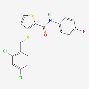 molecular formula C18H12Cl2FNOS2 B2755104 3-[(2,4-dichlorobenzyl)sulfanyl]-N-(4-fluorophenyl)-2-thiophenecarboxamide CAS No. 251097-51-5