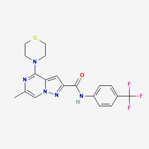 molecular formula C19H18F3N5OS B2755119 6-methyl-4-(1,4-thiazinan-4-yl)-N-[4-(trifluoromethyl)phenyl]pyrazolo[1,5-a]pyrazine-2-carboxamide CAS No. 1775525-31-9
