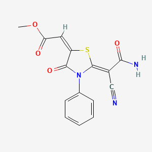(E)-methyl 2-((Z)-2-(2-amino-1-cyano-2-oxoethylidene)-4-oxo-3-phenylthiazolidin-5-ylidene)acetate