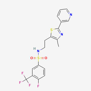 molecular formula C18H15F4N3O2S2 B2755342 4-fluoro-N-(2-(4-methyl-2-(pyridin-3-yl)thiazol-5-yl)ethyl)-3-(trifluoromethyl)benzenesulfonamide CAS No. 873010-04-9