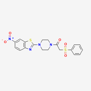 molecular formula C19H18N4O5S2 B2755440 1-(4-(6-Nitrobenzo[d]thiazol-2-yl)piperazin-1-yl)-2-(phenylsulfonyl)ethanone CAS No. 897474-21-4