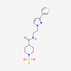 molecular formula C16H22N4O3S2 B2755441 1-(甲磺酰基)-N-(2-(3-(噻吩-3-基)-1H-吡唑-1-基)乙基)哌啶-4-甲酰胺 CAS No. 2034282-72-7