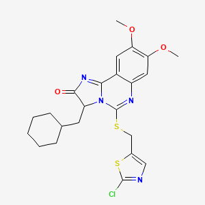 molecular formula C23H25ClN4O3S2 B2755515 5-{[(2-chloro-1,3-thiazol-5-yl)methyl]sulfanyl}-3-(cyclohexylmethyl)-8,9-dimethoxyimidazo[1,2-c]quinazolin-2(3H)-one CAS No. 1024595-26-3