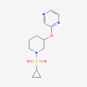molecular formula C12H17N3O3S B2755545 2-((1-(Cyclopropylsulfonyl)piperidin-3-yl)oxy)pyrazine CAS No. 2034485-05-5