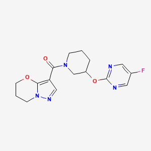 molecular formula C16H18FN5O3 B2755614 (6,7-dihydro-5H-pyrazolo[5,1-b][1,3]oxazin-3-yl)(3-((5-fluoropyrimidin-2-yl)oxy)piperidin-1-yl)methanone CAS No. 2097921-66-7