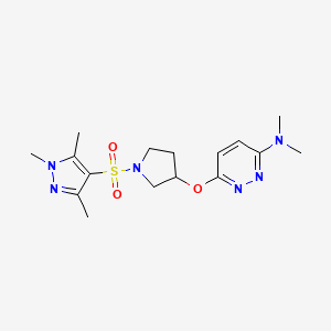molecular formula C16H24N6O3S B2755678 N,N-dimethyl-6-((1-((1,3,5-trimethyl-1H-pyrazol-4-yl)sulfonyl)pyrrolidin-3-yl)oxy)pyridazin-3-amine CAS No. 2034501-43-2