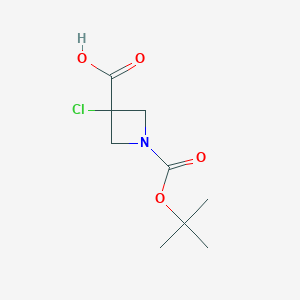 molecular formula C9H14ClNO4 B2755679 3-Chloro-1-[(2-methylpropan-2-yl)oxycarbonyl]azetidine-3-carboxylic acid CAS No. 2490375-63-6