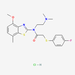 molecular formula C21H25ClFN3O2S2 B2755705 N-(2-(二甲基氨基)乙基)-2-((4-氟苯基)硫代)-N-(4-甲氧基-7-甲基苯并[d]噻唑-2-基)乙酰胺盐酸盐 CAS No. 1216819-71-4
