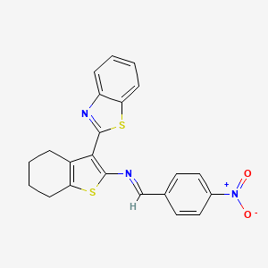 molecular formula C22H17N3O2S2 B2755713 (E)-3-(benzo[d]thiazol-2-yl)-N-(4-nitrobenzylidene)-4,5,6,7-tetrahydrobenzo[b]thiophen-2-amine CAS No. 389065-44-5