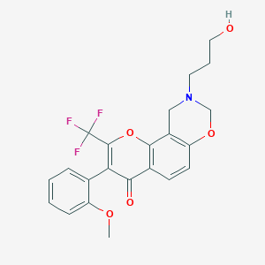 molecular formula C22H20F3NO5 B2755718 9-(3-hydroxypropyl)-3-(2-methoxyphenyl)-2-(trifluoromethyl)-9,10-dihydrochromeno[8,7-e][1,3]oxazin-4(8H)-one CAS No. 1010882-76-4