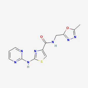 molecular formula C12H11N7O2S B2755809 N-((5-methyl-1,3,4-oxadiazol-2-yl)methyl)-2-(pyrimidin-2-ylamino)thiazole-4-carboxamide CAS No. 1251686-61-9