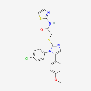 molecular formula C21H17ClN4O2S2 B2755848 2-((1-(4-chlorophenyl)-5-(4-methoxyphenyl)-1H-imidazol-2-yl)thio)-N-(thiazol-2-yl)acetamide CAS No. 1226432-80-9