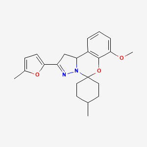 molecular formula C22H26N2O3 B2755857 7-Methoxy-4'-methyl-2-(5-methylfuran-2-yl)-1,10b-dihydrospiro[benzo[e]pyrazolo[1,5-c][1,3]oxazine-5,1'-cyclohexane] CAS No. 444787-99-9