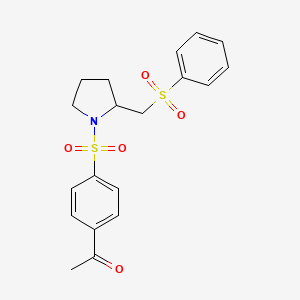 molecular formula C19H21NO5S2 B2755928 1-(4-((2-((Phenylsulfonyl)methyl)pyrrolidin-1-yl)sulfonyl)phenyl)ethanone CAS No. 1448123-92-9