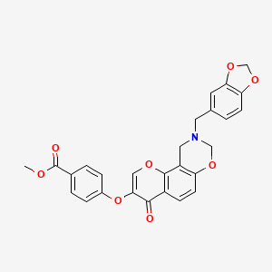 molecular formula C27H21NO8 B2755942 甲酸4-((9-(苯并[d][1,3]二氧杂环[8,7-e][1,3]噁唑-4-基甲基)-4-氧代-4,8,9,10-四氢咯色酮-3-基氧基)苯甲酯 CAS No. 951936-69-9