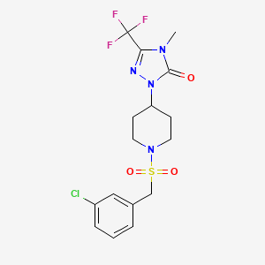 molecular formula C16H18ClF3N4O3S B2756128 1-(1-((3-chlorobenzyl)sulfonyl)piperidin-4-yl)-4-methyl-3-(trifluoromethyl)-1H-1,2,4-triazol-5(4H)-one CAS No. 2034283-27-5